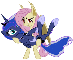 Size: 6000x4900 | Tagged: safe, artist:magister39, fluttershy, princess luna, bat pony, pony, :o, absurd resolution, bat ponified, bipedal, carrying, female, flutterbat, grin, holding a pony, lesbian, looking at you, lunabat, lunashy, race swap, raised eyebrow, simple background, smiling, surprised, transparent background, vector, wide eyes