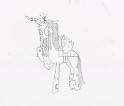 Size: 2476x2116 | Tagged: safe, artist:paskanaakka, derpibooru exclusive, queen chrysalis, changeling, changeling queen, monochrome, sketch, solo, traditional art