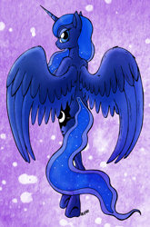 Size: 846x1280 | Tagged: safe, artist:theunearthlyone, princess luna, anthro, ass, bipedal, looking back, rear view, solo, spread wings