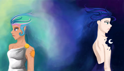 Size: 4308x2505 | Tagged: safe, artist:tao-mell, princess celestia, princess luna, human, humanized