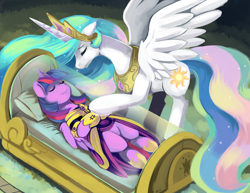 Size: 1150x887 | Tagged: safe, artist:ende26, princess celestia, twilight sparkle, twilight sparkle (alicorn), alicorn, pony, casket, coffin, crying, dead, eyes closed, fanfic art, female, funeral, glass case, mare, mortal twilight, mortality blues, mourning, on back, sad, smiling, spread wings