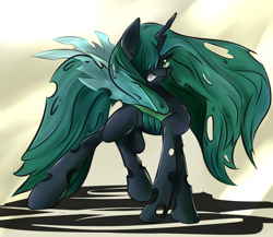 Size: 1024x887 | Tagged: safe, artist:madacon, queen chrysalis, changeling, changeling queen, nymph, cute, cutealis, female, grin, hair over one eye, looking at you, sassy, shadow, smiling, solo, younger