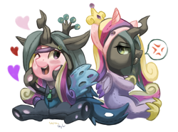 Size: 1280x953 | Tagged: safe, artist:moonseeker, princess cadance, queen chrysalis, alicorn, changeling, changeling queen, pony, clothes, costume, pony costume, role reversal