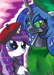 Size: 425x590 | Tagged: safe, artist:aurora-chiaro, queen chrysalis, rarity, changeling, changeling queen, pony, unicorn, beatnik rarity, beret, blushing, clothes, hat, traditional art