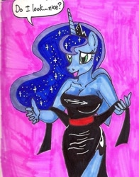 Size: 836x1069 | Tagged: safe, artist:newyorkx3, princess luna, anthro, breasts, cleavage, clothes, dress, female, princess balloona, side slit, simple background, solo, traditional art