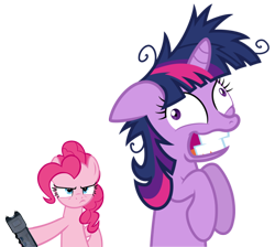 Size: 962x861 | Tagged: safe, derpibooru import, pinkie pie, twilight sparkle, earth pony, pony, unicorn, duo, duo female, female, floppy ears, frown, glare, grin, gritted teeth, hoof hold, insanity, mare, simple background, smiling, stun gun, taser, transparent background, twilight snapple, wide eyes