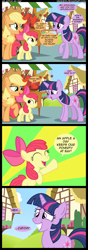 Size: 900x2557 | Tagged: dead source, safe, artist:veggie55, derpibooru import, apple bloom, applejack, twilight sparkle, earth pony, pony, unicorn, apple stand, comic, female, filly, mare, slogan