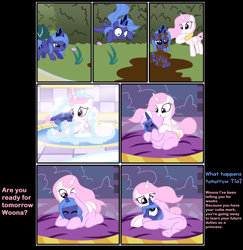 Size: 2433x2500 | Tagged: safe, artist:pyruvate, princess celestia, princess luna, alicorn, pony, cewestia, comic, cute, cutelestia, filly, lunabetes, woona