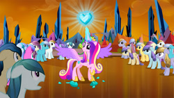 Size: 1280x720 | Tagged: safe, screencap, amber waves, bright smile, castle (crystal pony), cinnabar, crystal arrow, crystal beau, elbow grease, fleur de verre, golden hooves, ivory, ivory rook, paradise (crystal pony), princess cadance, quicksilver, sapphire joy, spike, alicorn, crystal pony, dragon, pony, the crystal empire, colored wings, crystal empire, crystal heart, dark crystal, depressed, female, glowing horn, gradient wings, levitation, magic, magic aura, male, mare, spread wings, stallion, telekinesis, wings