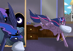 Size: 1280x896 | Tagged: safe, artist:backlash91, princess luna, twilight sparkle, twilight sparkle (alicorn), alicorn, pony, female, mare, pillow fight