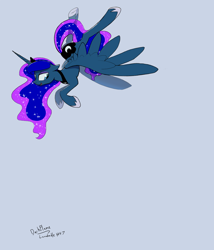 Size: 1400x1634 | Tagged: safe, artist:darkflame75, princess luna, alicorn, pony, bedroom eyes, flying, looking down, lunadoodle, open mouth, simple background, smiling, solo, spread wings