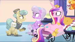Size: 1022x579 | Tagged: safe, screencap, cinnabar, golden hooves, princess cadance, quicksilver, alicorn, crystal pony, pony, games ponies play