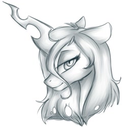 Size: 1120x1137 | Tagged: safe, artist:kerydarling, queen chrysalis, changeling, changeling queen, beautiful, bust, female, floppy ears, looking at you, mare, monochrome, portrait, simple background, solo, white background