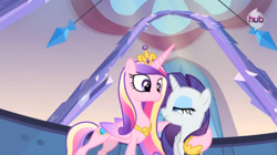 Size: 903x504 | Tagged: safe, princess cadance, rarity, alicorn, pony, unicorn, games ponies play, female, hub logo, mare