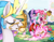 Size: 1400x1103 | Tagged: safe, artist:yutoraru, pinkie pie, princess celestia, twilight sparkle, alicorn, earth pony, pony, drinking, fail, muffin, pie, pied, pixiv, shocked, tea, teleportation, this will end in tears and/or a journey to the moon