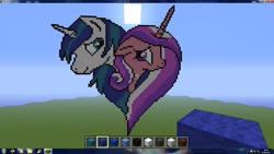 Size: 1920x1080 | Tagged: safe, artist:confusedmissflower, princess cadance, shining armor, alicorn, pony, unicorn, duo, female, game screencap, heart, male, minecraft, minecraft pixel art, pixel art, shiningcadance, shipping, straight