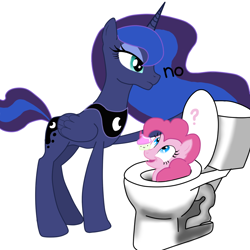 Size: 1000x1000 | Tagged: safe, artist:thatponywithgoggles, pinkie pie, princess luna, alicorn, earth pony, pony, cupcake, toilet