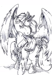 Size: 1378x1967 | Tagged: safe, artist:mortalshinobi, princess celestia, alicorn, pony, female, horn, mare, monochrome, solo