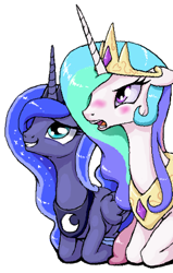 Size: 259x408 | Tagged: safe, artist:stoic5, princess celestia, princess luna, alicorn, pony, blushing, female, floppy ears, grin, mare, open mouth, prone, simple background, smiling, varying degrees of want, white background