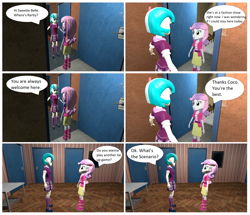 Size: 2416x2074 | Tagged: safe, artist:brightstar40k, coco pommel, sweetie belle, comic:sweetie belle's tie up game 2, equestria girls, 3d, boots, clothes, crystal prep academy uniform, dialogue, door, jacket, looking at each other, school uniform, shoes, skirt, smiling, source filmmaker, speech bubble, t pose, table