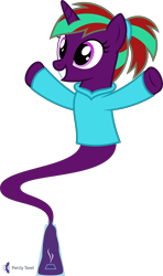 Size: 4000x6777 | Tagged: safe, artist:parclytaxel, oc, oc only, oc:connor stroud, genie pony, pony, unicorn, .svg available, absurd resolution, bottle, clothes, female, floating, genie, grin, hairband, hoodie, mare, outstretched arms, ponytail, simple background, smiling, solo, t pose, transparent background, vector