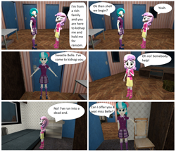 Size: 2412x2080 | Tagged: safe, artist:brightstar40k, coco pommel, sweetie belle, comic:sweetie belle's tie up game 2, equestria girls, 3d, boots, chair, clothes, crystal prep academy uniform, door, jacket, looking at each other, school uniform, shoes, skirt, source filmmaker, speech bubble, t pose, table