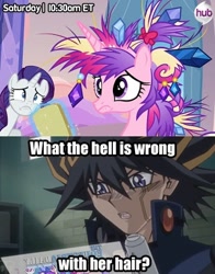 Size: 320x408 | Tagged: safe, princess cadance, rarity, alicorn, pony, unicorn, games ponies play, bad hair, caption, irony, yu-gi-oh!, yugioh abridged, yusei fudo