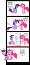 Size: 947x2000 | Tagged: safe, artist:tamalesyatole, derpibooru import, pinkie pie, twilight sparkle, earth pony, pony, unicorn, comic, duo, duo female, female, fourth wall, mare, pinkie being pinkie, poking