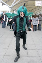 Size: 640x960 | Tagged: artist needed, safe, king metamorphosis, queen chrysalis, human, clothes, convention, cosplay, fingerless gloves, gloves, irl, irl human, london mcm expo, photo, rule 63, solo