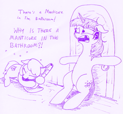 Size: 581x539 | Tagged: safe, artist:t72b, derpibooru exclusive, berry punch, berryshine, twilight sparkle, manticore, bipedal, dishevelled, door, drunk, hangover, hug, messy mane, monochrome, newbie artist training grounds, parody, sleeping, t pose, tattoo, traditional art, traffic cone, yelling