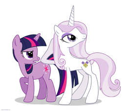 Size: 2200x2000 | Tagged: safe, artist:larsurus, derpibooru import, part of a series, part of a set, fleur-de-lis, twilight sparkle, pony, unicorn, duo, duo female, female, high res, mare, raised hoof, simple background, transparent background, vector