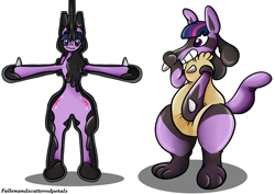 Size: 3508x2480 | Tagged: safe, artist:fallenandscattered, twilight sparkle, alicorn, pony, bipedal, bondage, both cutie marks, case, clothes, crossover, disproportional anatomy, encasement, female, forced smile, grin, inflatable, inflatable suit, latex, lucario, mare, pokefied, pokémon, simple background, smiling, solo, species swap, stretching, suit, t pose, tail sack, transformation, transformed, twilicario, wavy mouth, white background