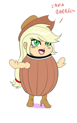 Size: 817x1300 | Tagged: source needed, safe, artist:annon, derpibooru import, applejack, human, pony, barrel, bimbo, bimbo jack, blushing, boots, chibi, chibimbo, female, halloween costume, hat, high heel boots, humanized, looking at you, makeup, open mouth, ponytail, silly, silly pony, smiling, solo, t pose, tilde, who's a silly human, who's a silly pony