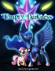 Size: 833x1078 | Tagged: safe, artist:t0xiceye, princess luna, sweetie belle, alicorn, pony, unicorn, aura, blank flank, comic, dark, element of magic, empty darkness, fanfic art, female, filly, frown, glow, glowing eyes, lidded eyes, looking up, mare, raised hoof, sad, scared, shoulder fluff, text, wing fluff