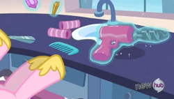 Size: 610x346 | Tagged: safe, princess cadance, alicorn, pony, games ponies play, comb, drill, gem, hub logo, levitation, magic, pink coat, scissors, sink, solo, telekinesis