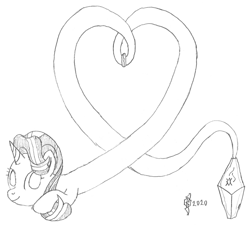 Size: 1329x1200 | Tagged: safe, artist:parclytaxel, starlight glimmer, genie pony, pony, unicorn, series:nightliner, bottle, bracelet, genie, geniefied, heart, jewelry, lineart, long glimmer, long pony, looking at you, monochrome, pencil drawing, smiling, solo, traditional art