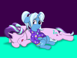 Size: 4032x3024 | Tagged: safe, artist:background basset, starlight glimmer, trixie, pony, unicorn, alternate hairstyle, babysitter trixie, clothes, gameloft, gameloft interpretation, long glimmer, long pony, lying down, sleeping