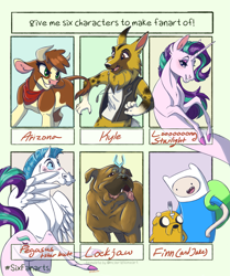 Size: 4885x5833 | Tagged: safe, artist:faline-art, arizona cow, starlight glimmer, cow, dog, human, pegasus, pony, unicorn, wolf, them's fightin' herds, adventure time, animal crossing, anthro with ponies, backpack, clothes, community related, crossover, female, finn the human, greek mythology, jake the dog, kyle, lockjaw, long glimmer, long pony, male, mare, neckerchief, pegasus (hercules), six fanarts, stallion