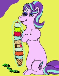 Size: 1280x1642 | Tagged: safe, artist:puffydearlysmith, starlight glimmer, pony, unicorn, chest fluff, eating, female, food, glowing horn, horn, ice cream, long glimmer, long pony, mare, solo, tongue out