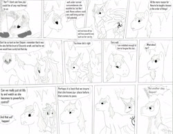 Size: 2343x1805 | Tagged: safe, artist:dreamactualizer, queen chrysalis, changeling, changeling queen, comic, female, horn, monochrome