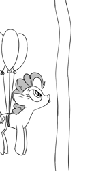 Size: 675x1200 | Tagged: safe, artist:pony-berserker, derpibooru import, pinkie pie, starlight glimmer, earth pony, pony, unicorn, balloon, duo, female, floating, grayscale, long glimmer, meme, monochrome, simple background, then watch her balloons lift her up to the sky, white background, wide eyes