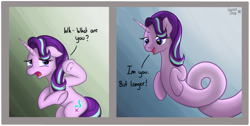 Size: 2191x1106 | Tagged: safe, artist:serenepony, starlight glimmer, pony, unicorn, 2 panel comic, comic, digital art, duality, frog (hoof), i'm you but stronger, long glimmer, long pony, meme, scared, self ponidox, simple background, underhoof, why did i make this