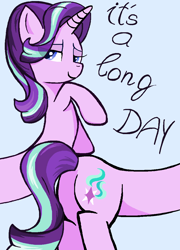 Size: 830x1154 | Tagged: safe, artist:sallycars, starlight glimmer, pony, unicorn, butt, female, glimmer glutes, long glimmer, long pony, mare, meme, plot, smiling, solo, text