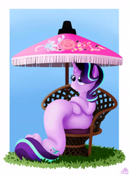 Size: 4000x5401 | Tagged: safe, artist:poecillia-gracilis19, starlight glimmer, unicorn, chair, female, long glimmer, long pony, mare, meme, ponified meme, sitting, smiling, solo, umbrella