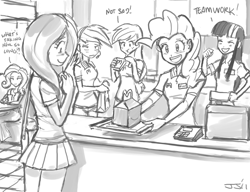 Size: 900x692 | Tagged: safe, artist:johnjoseco, derpibooru import, applejack, fluttershy, pinkie pie, rainbow dash, rarity, twilight sparkle, human, clothes, female, grayscale, happy meal, humanized, mane six, mcdonald's, monochrome, skirt