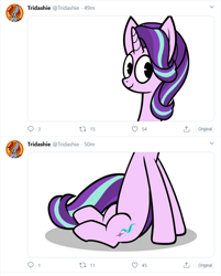 Size: 722x899 | Tagged: safe, artist:tridashie, starlight glimmer, pony, unicorn, juxtaposition, long glimmer, long pony, meme, meta, sitting, smiling, solo, twitter