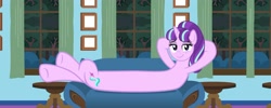 Size: 1882x751 | Tagged: safe, artist:bastbrushie, starlight glimmer, pony, unicorn, armchair, curtain, forest, long glimmer, looking at you, meme, picture, s5 starlight, smiling, sofa, table, tree, window