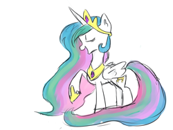 Size: 1024x768 | Tagged: safe, artist:kagakuu, princess celestia, alicorn, pony, crown, female, horn, mare, multicolored mane, multicolored tail, solo, white coat, white wings, wings