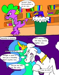 Size: 789x1013 | Tagged: safe, artist:dragonboi471, princess celestia, spike, alicorn, dragon, pony, comic, friendship journal, messy mane, speech bubble, thought bubble, trash can