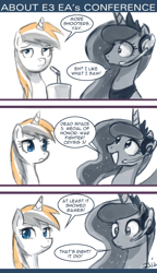 Size: 600x1043 | Tagged: safe, artist:johnjoseco, princess luna, oc, oc:belle eve, alicorn, pony, ask princess molestia, belle eve, comic, drink, drinking, e3, ea, ea games, gamer luna, headset, ponified, straw